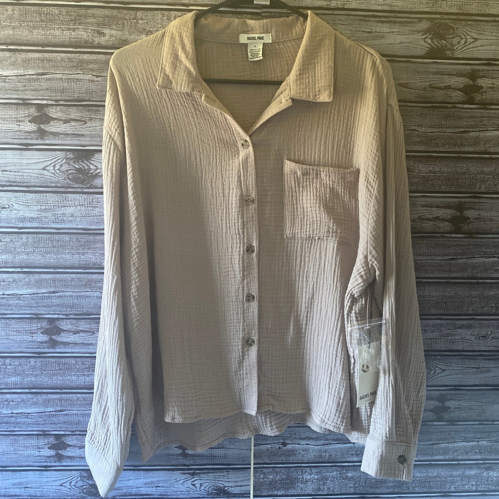 Rachel Paige Women's Long-Sleeved‎ Button-Down Top Size L Beige Gauze NWT